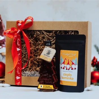 Świąteczny Zestaw Prezentowy Herbata Ciepło Kominka, Syrop Miódmiś Cytryna z Kurkumą