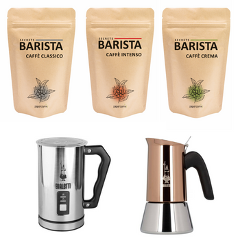 Zestaw Kawa Sekrety Baristy 3x 250g + Spieniacz mleka + Kawiarka Bialetti Venus 4tz