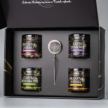 Zestaw Prezentowy: 4 Herbaty Zimowe w Słoiczkach + Zaparzacz do Herbaty