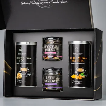 Zestaw prezentowy kaw i herbat Sekrety Baristy – Kurkuma, Soplówka, Pieczone Jabłko, Latte Dyniowe