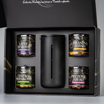 Zestaw prezentowy kaw i herbat Sekrety Baristy – Kurkuma, Soplówka, Pieczone Jabłko, Latte Dyniowe